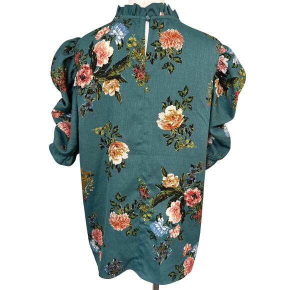 Everleigh Floral Puff Sleeve Blouse Size Large Teal Green Romantic Top - Picture 3 of 4